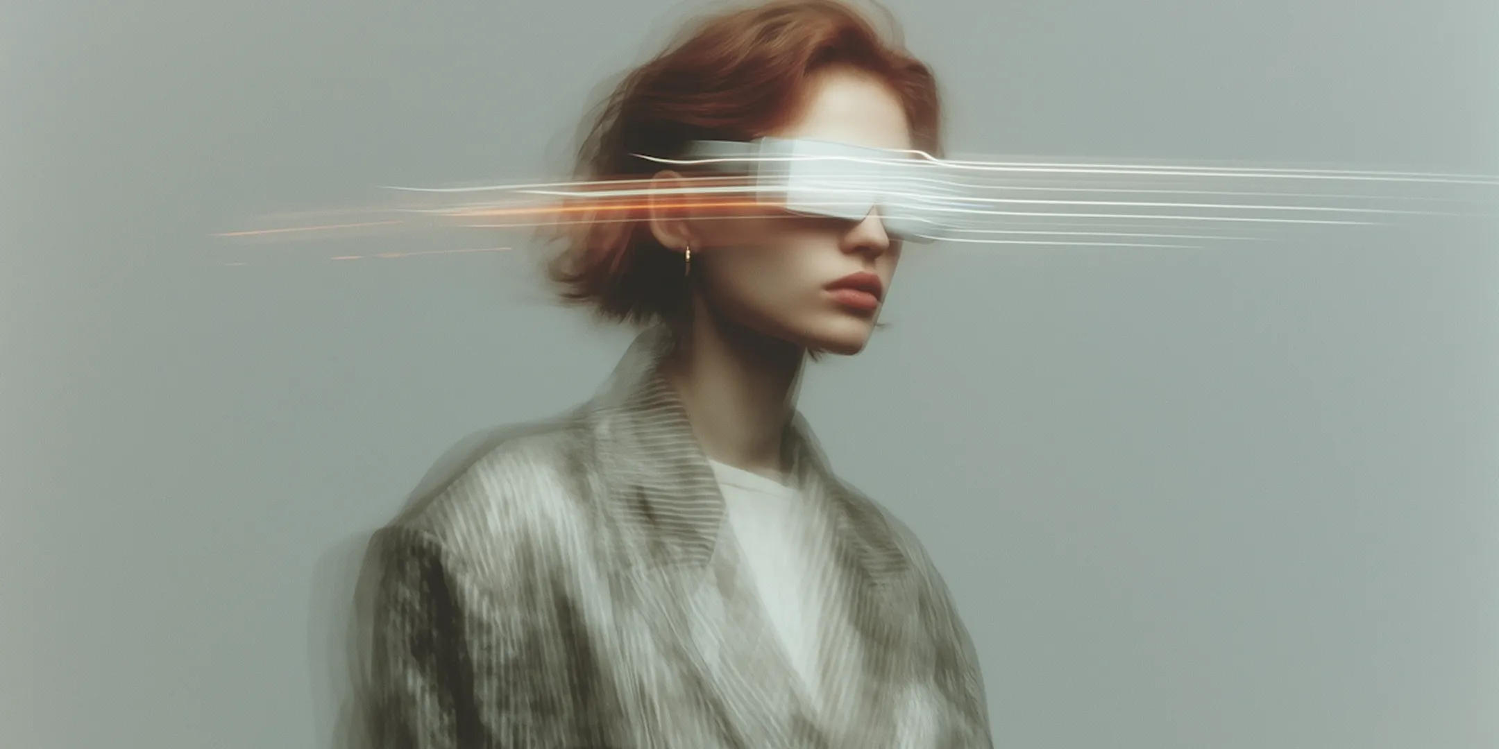 Portrait of a woman in a striped jacket with short red hair and futuristic white goggles emitting light trails.