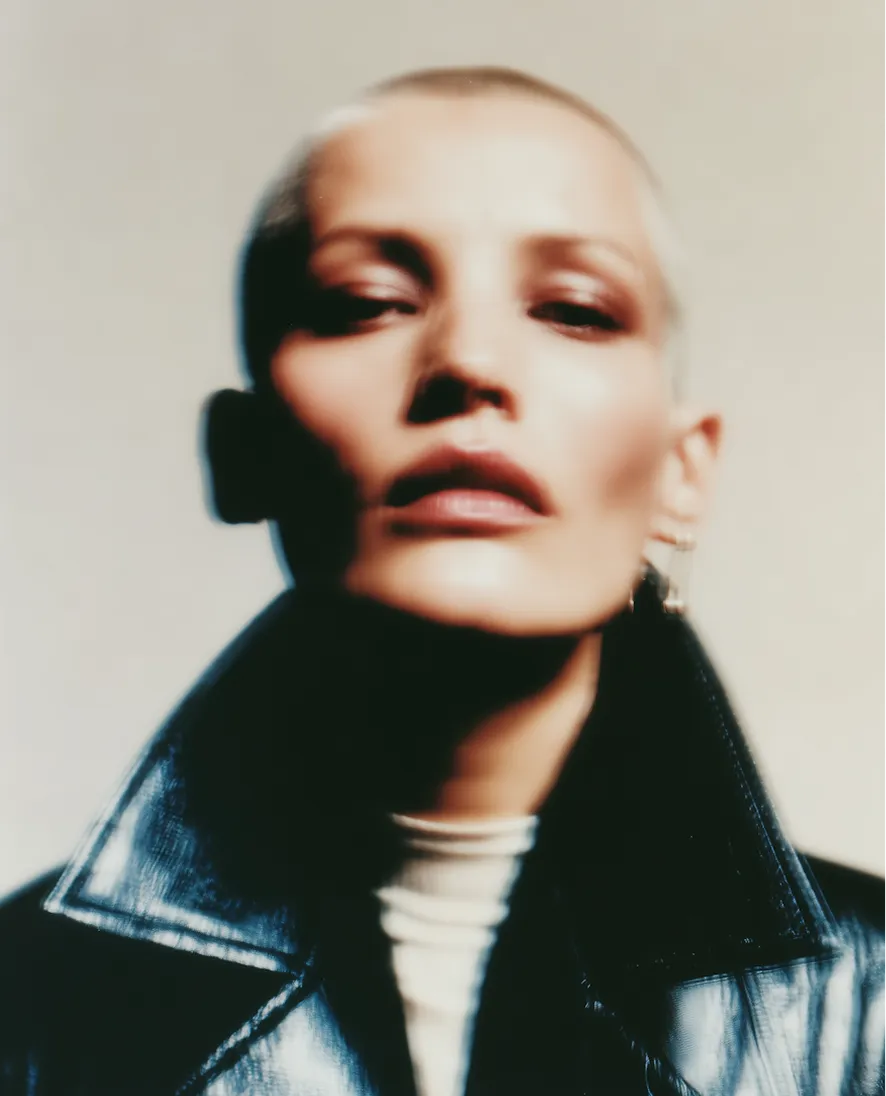 Close-up of person with short hair wearing a black leather jacket and looking at the camera.