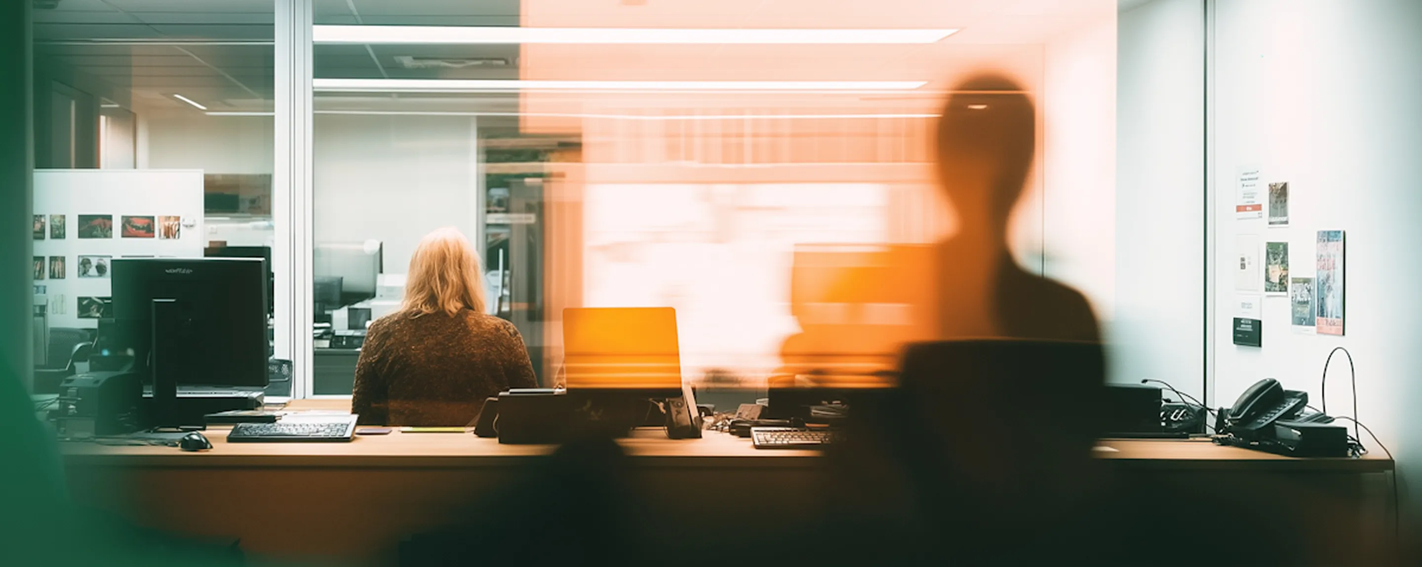Person sitting at a desk with computer monitors seen through a glass partition in an office.