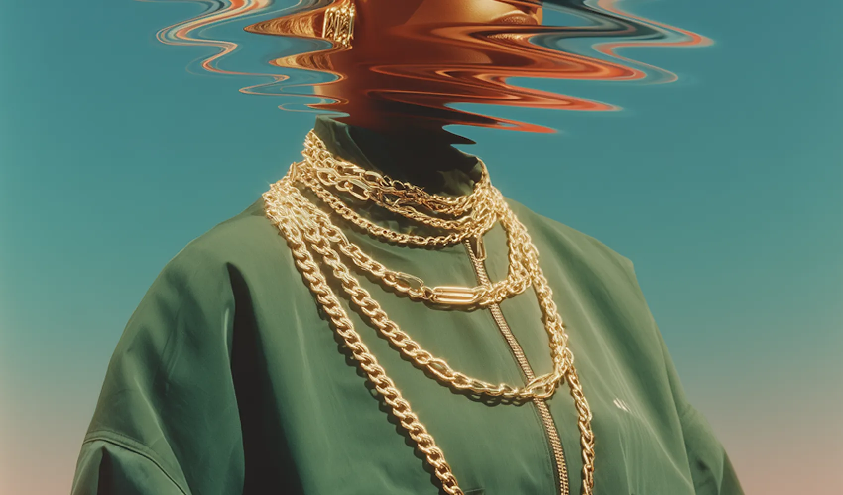 Person in green jacket wearing layered gold chains with distorted head effect against a blue sky.