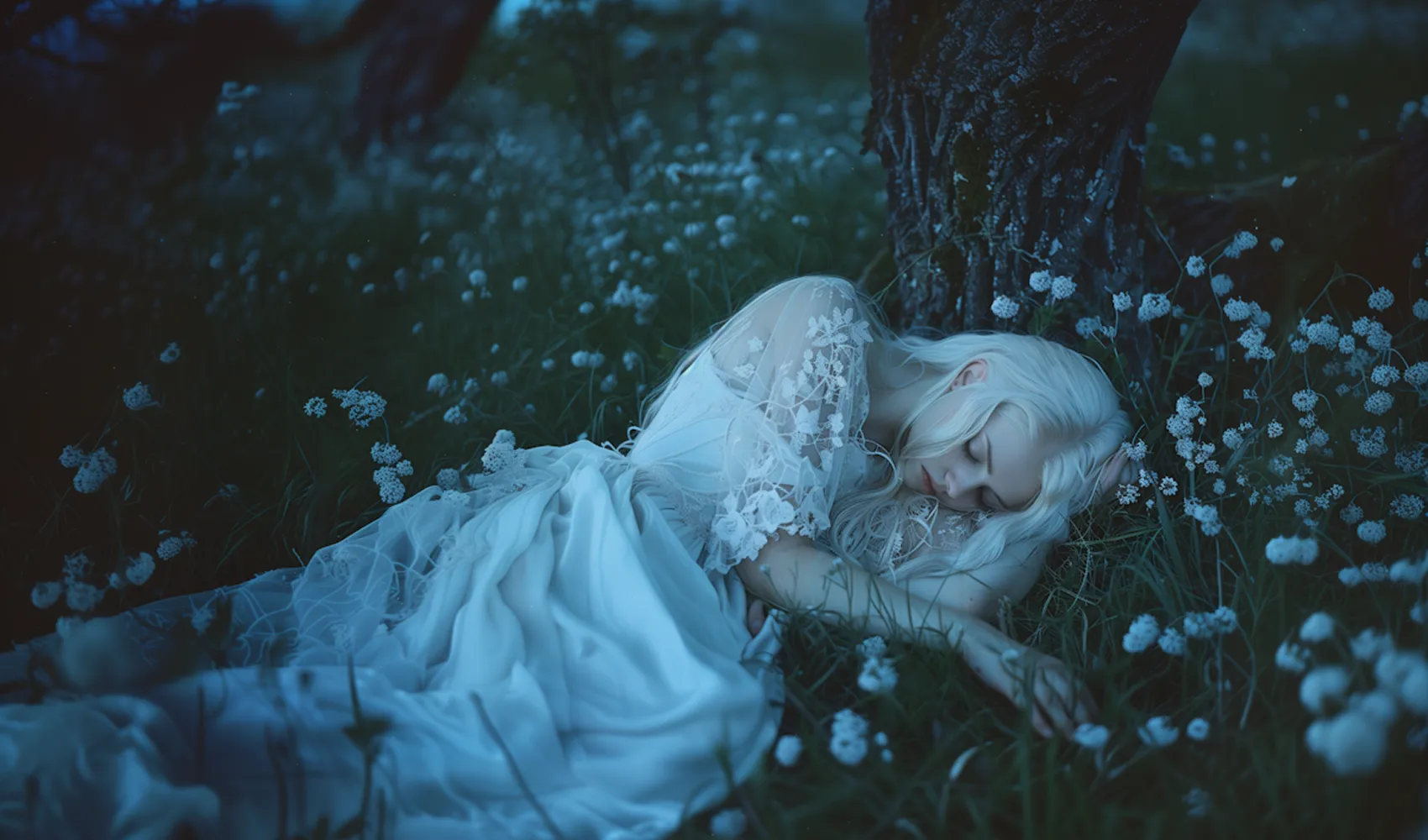 Woman with long blonde hair in a white lace dress sleeping on grass near a tree surrounded by small white flowers.
