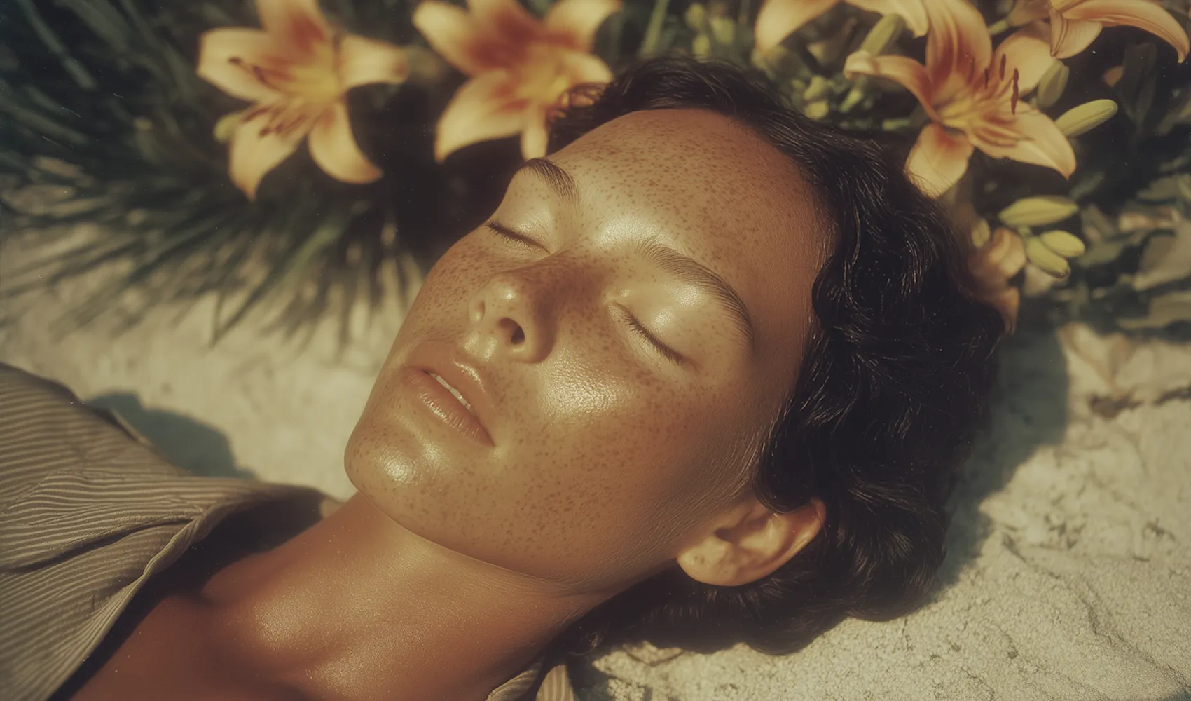 Woman with closed eyes and freckles lying on sand with orange lilies behind her head.