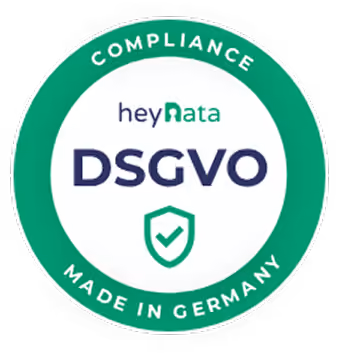 Grünes DSGVO-Siegel von heyData mit Compliance-Hinweis und Made in Germany-Text.