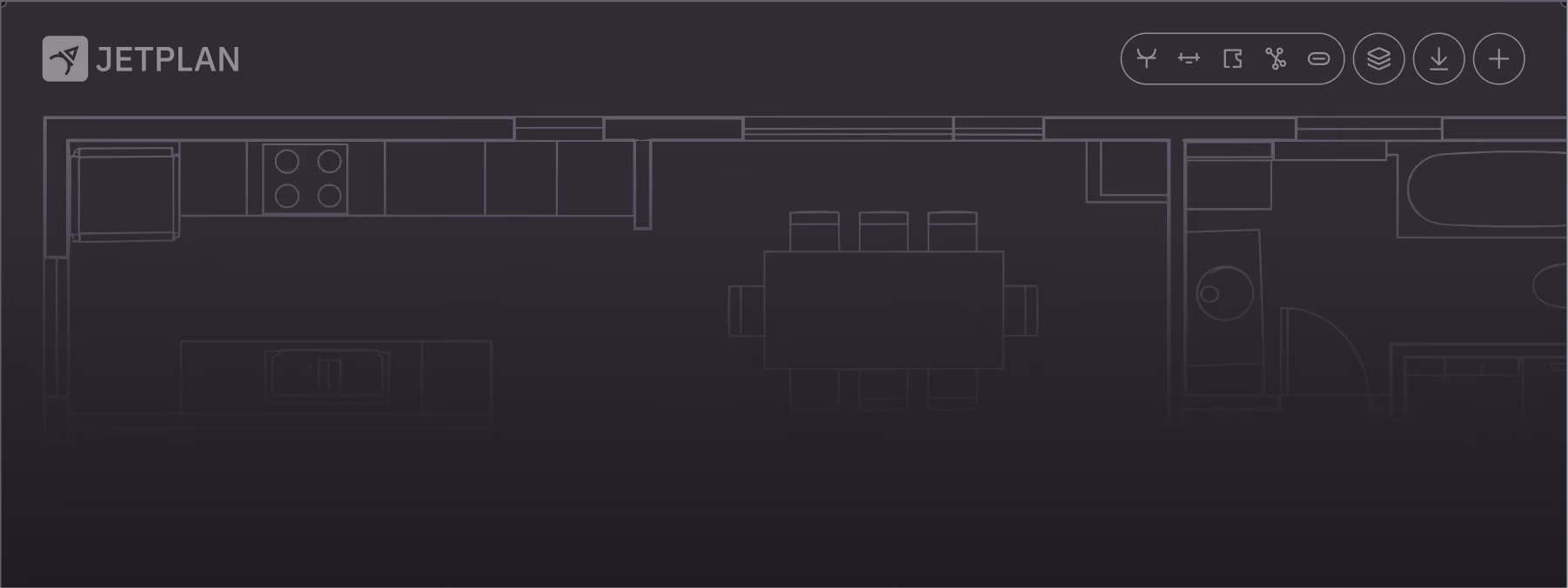 Digitale Grundrisszeichnung einer Wohnung mit Küche, Essbereich und Badezimmer.