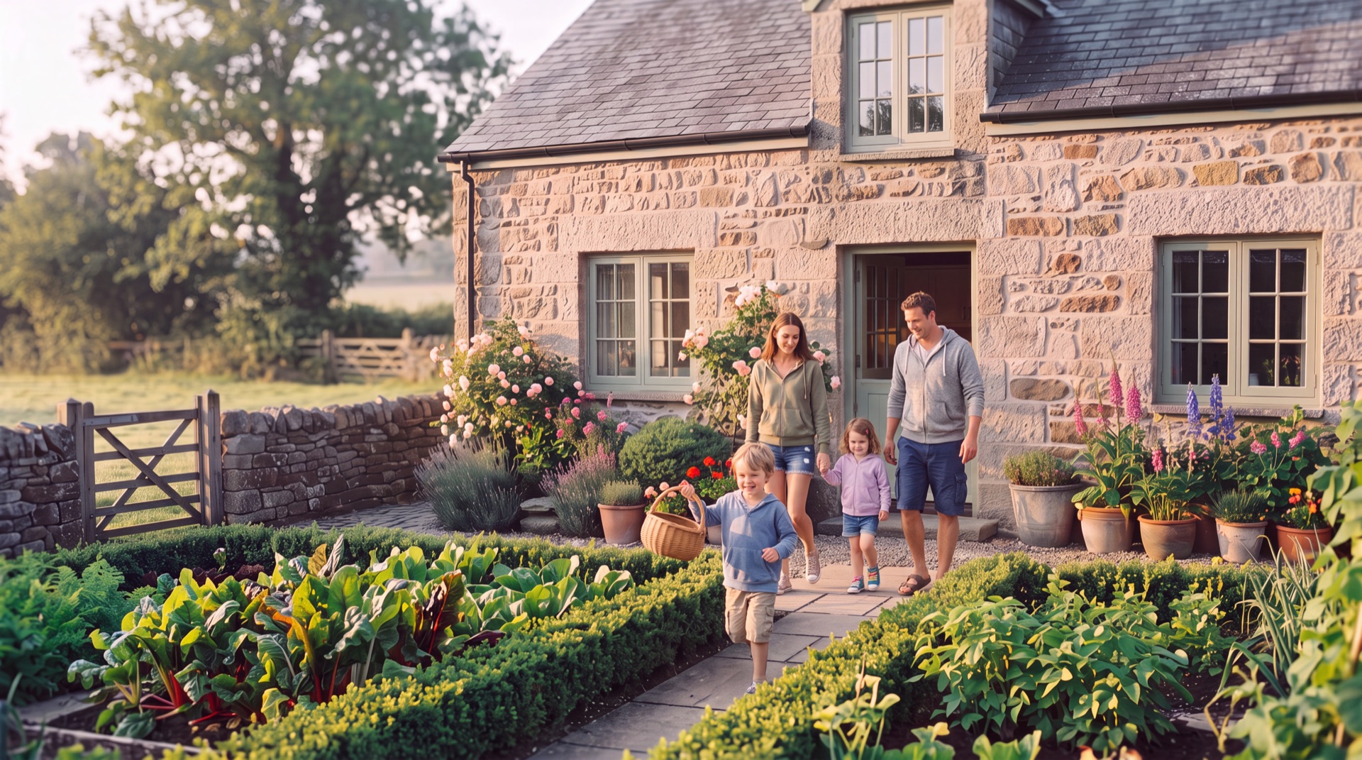 A family walking down a path from a stone farmhouse between beds of vegetables