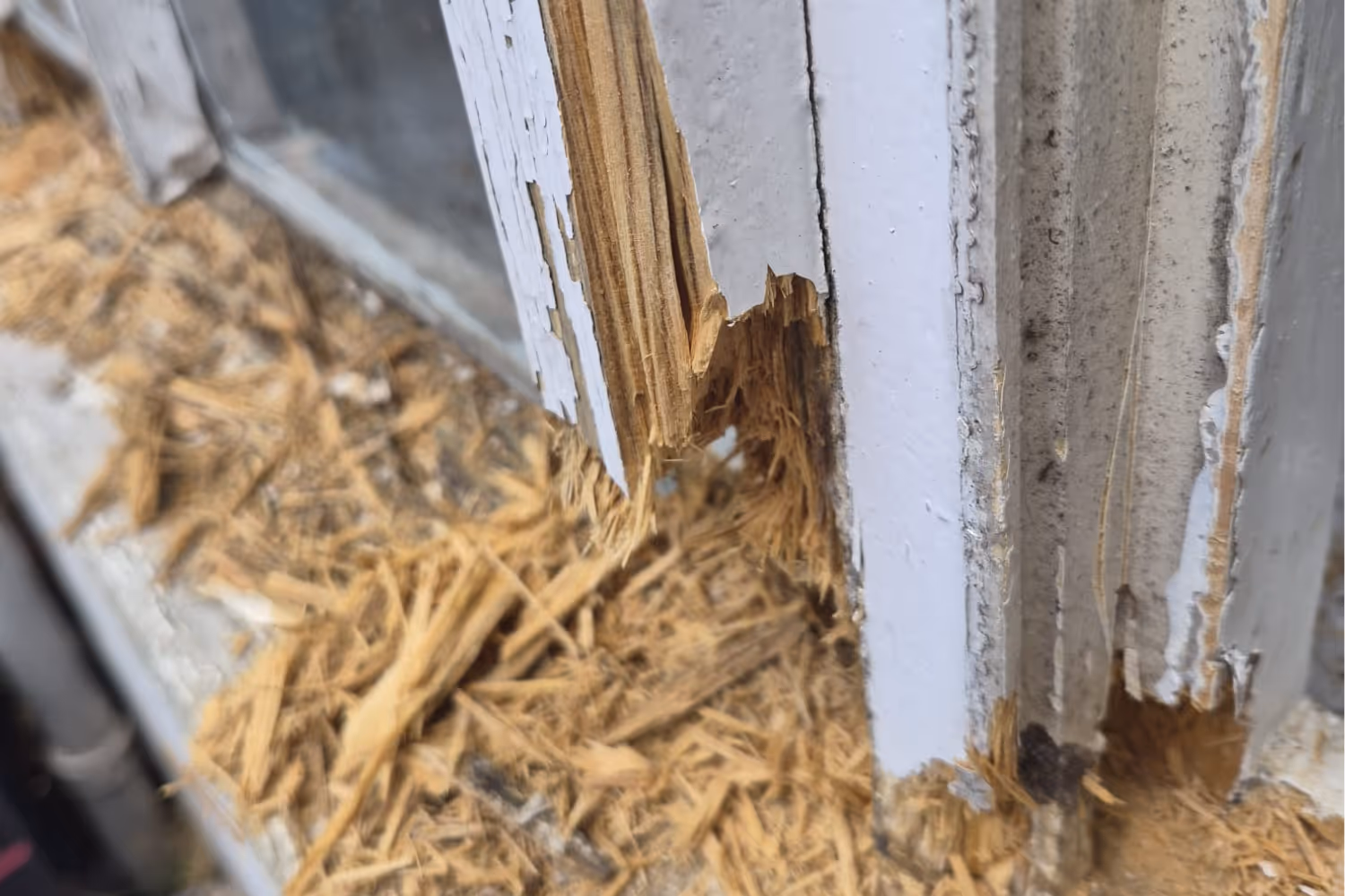 Close-up of rotted and chipped wood on a window frame with peeling white paint.