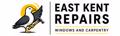 Logo of a seagull holding a hammer next to text East Kent Repairs Windows and Carpentry.