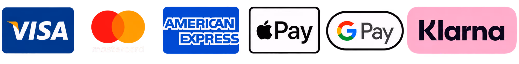 Row of payment method logos including Visa, Mastercard, American Express, Apple Pay, Google Pay, and Klarna.
