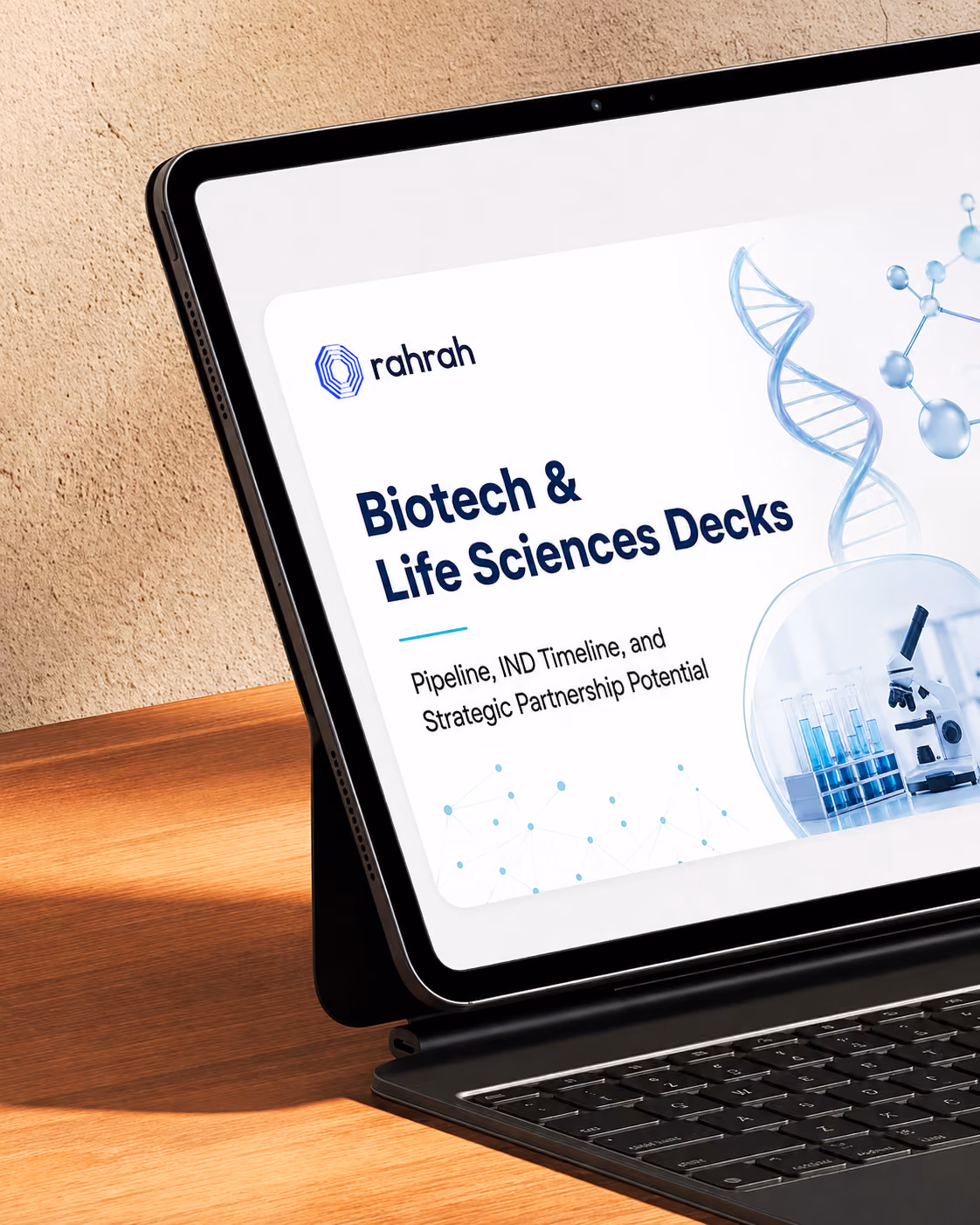 Biotech and life sciences pitch deck with pipeline, IND timeline, and key partnership potential for investors.