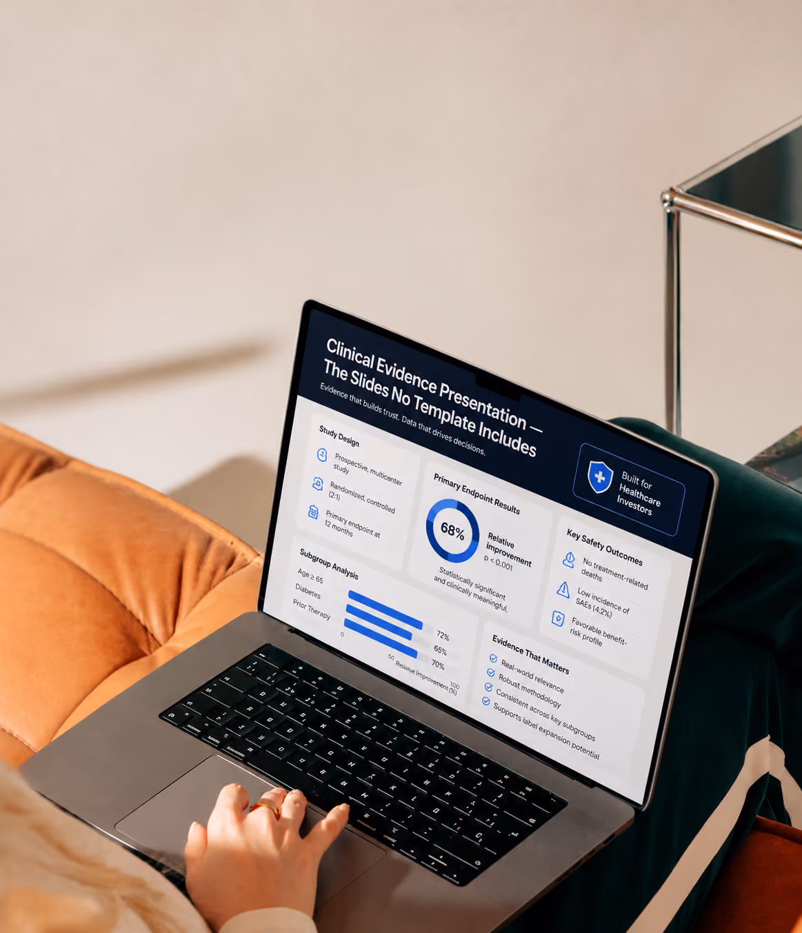 Healthcare pitch deck presenting clinical evidence, results, safety outcomes, and investor-ready key insights.