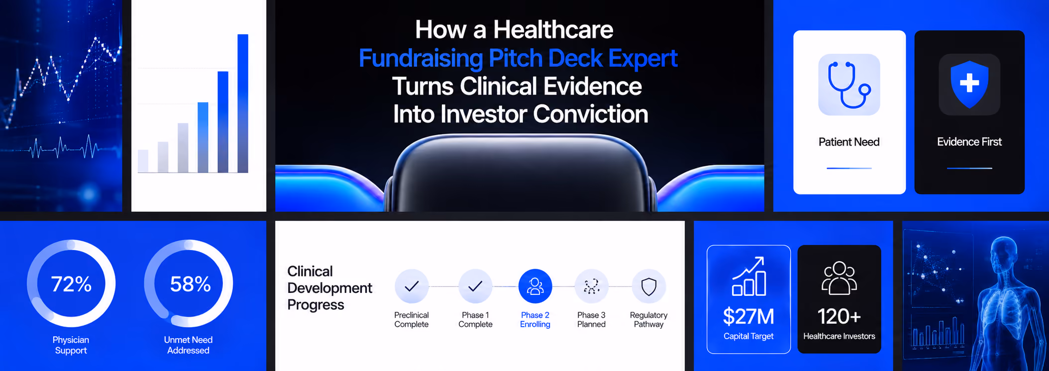 Healthcare fundraising pitch deck showing clinical evidence driving investor conviction via milestones & data.