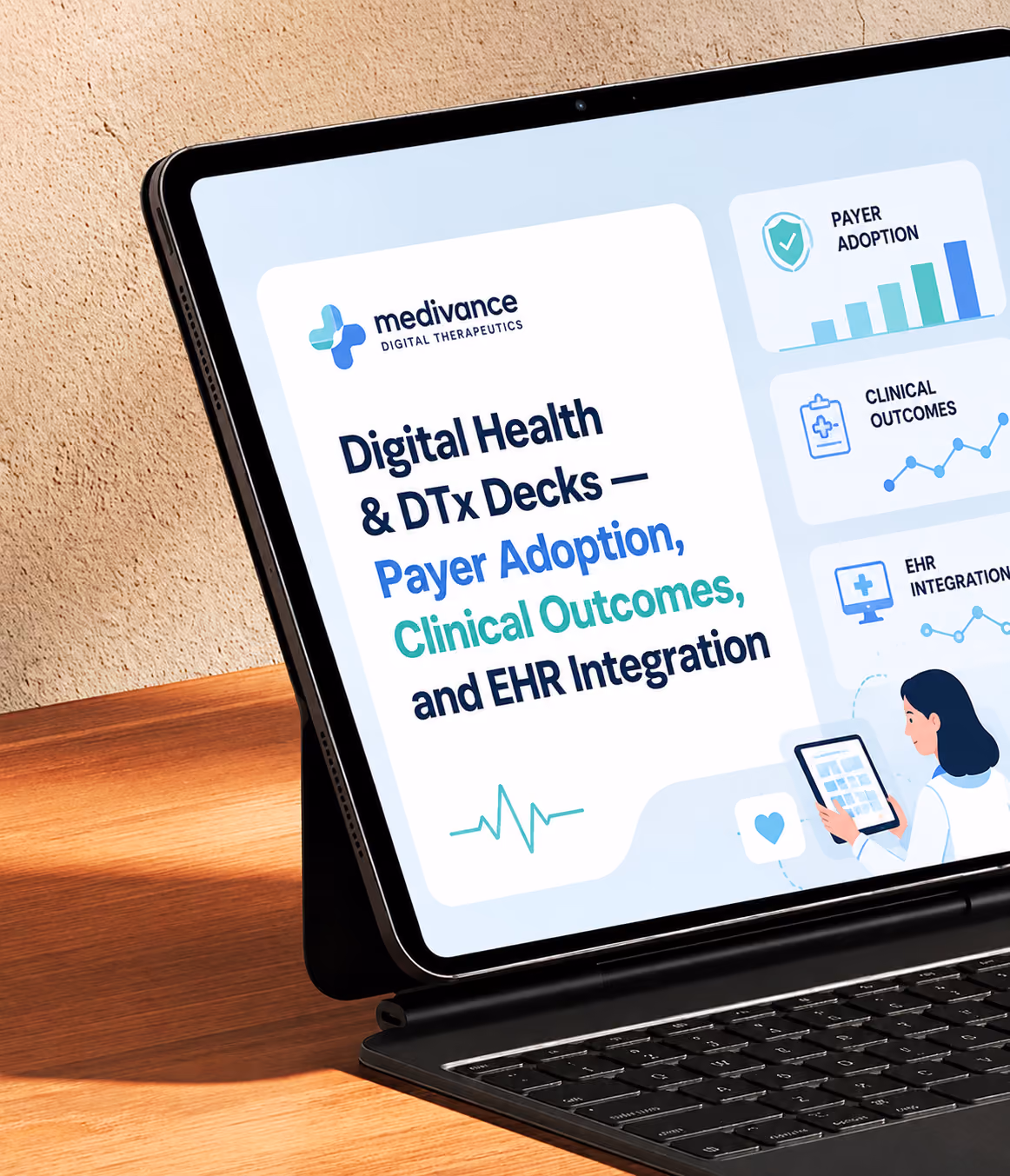 Digital health and DTx pitch deck showing payer adoption, key outcomes, and EHR integration for key investors.