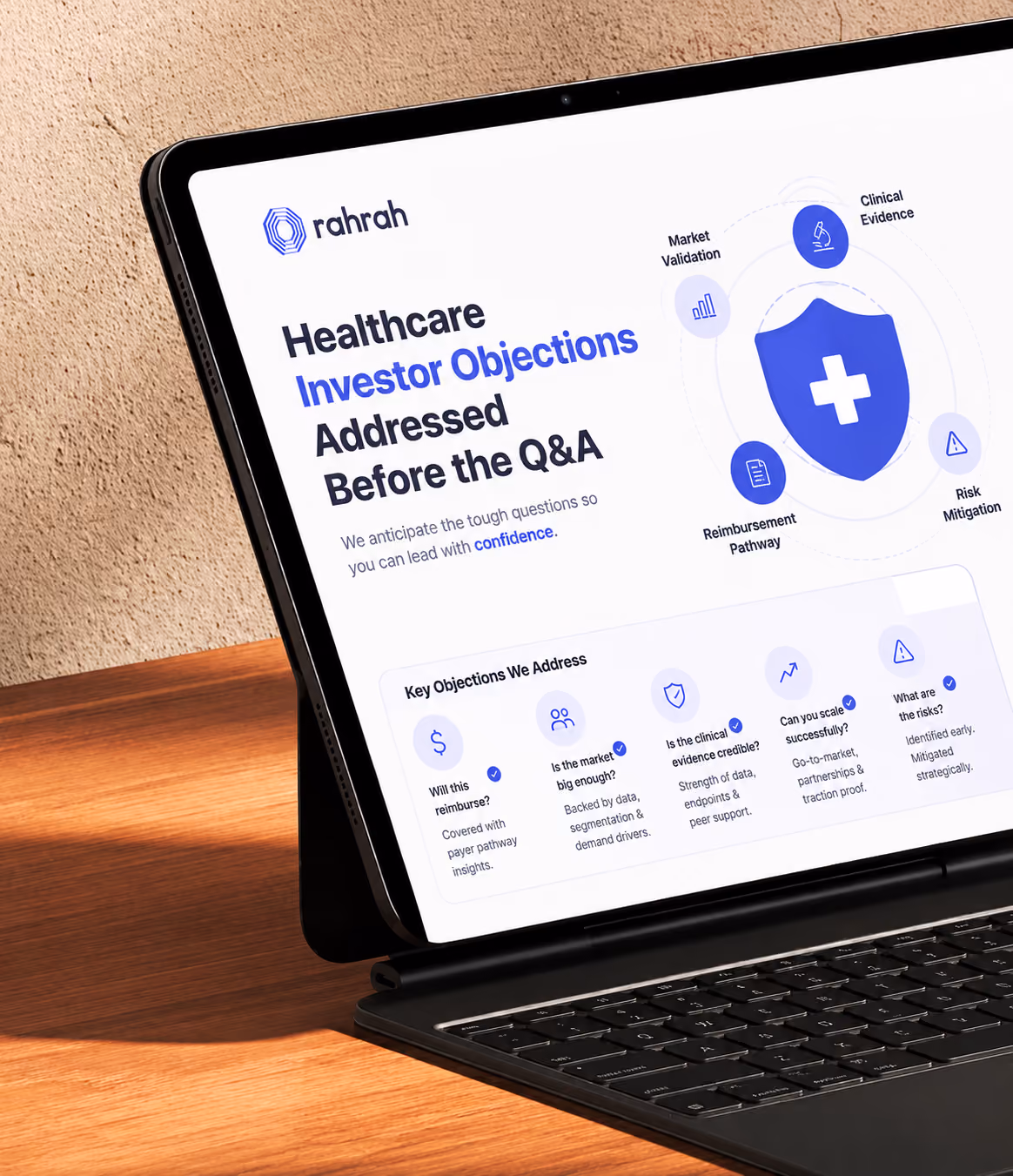 Healthcare pitch deck covering investor objections with payer, market validation, evidence, and risk planning.