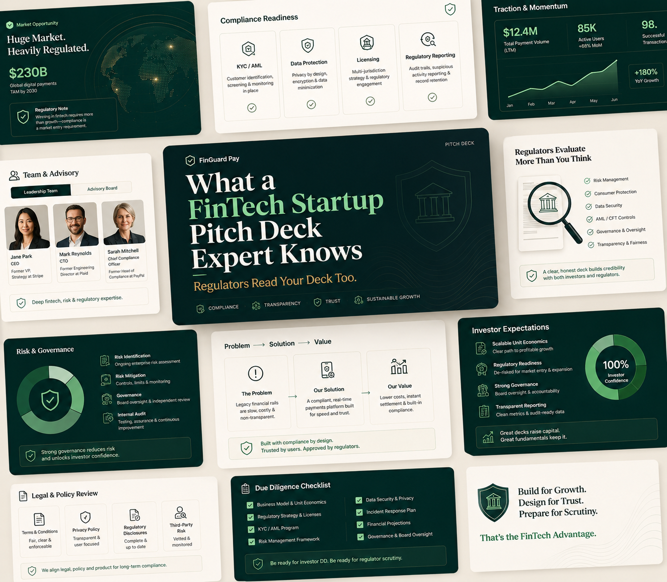 FinTech startup pitch deck slides on compliance readiness, team, traction and investor expectations