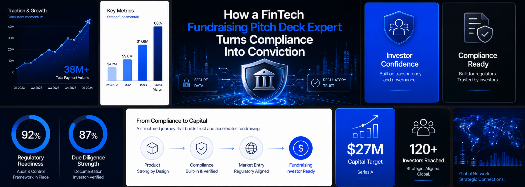 FinTech pitch deck slides showing how compliance and regulatory readiness build investor conviction