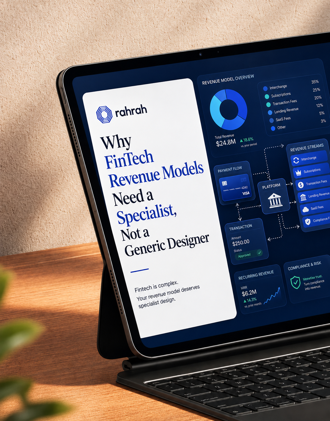FinTech pitch deck slide on why revenue models need specialist design, not a generic template