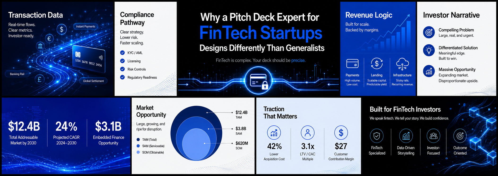 FinTech pitch deck slides on transaction data, compliance pathway, revenue logic and market opportunity