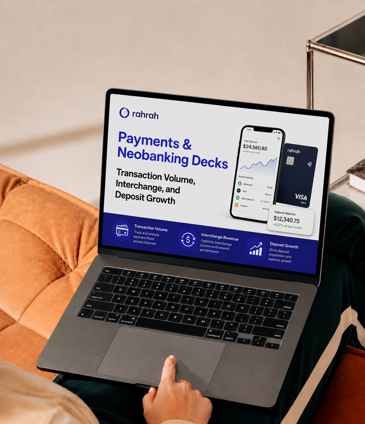 Payments and neobanking pitch deck cover on transaction volume, interchange and deposit growth