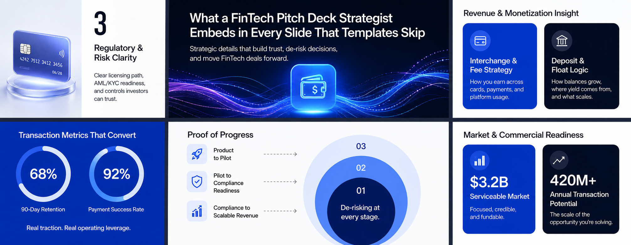 FinTech pitch deck slides on revenue strategy, transaction metrics and market readiness details