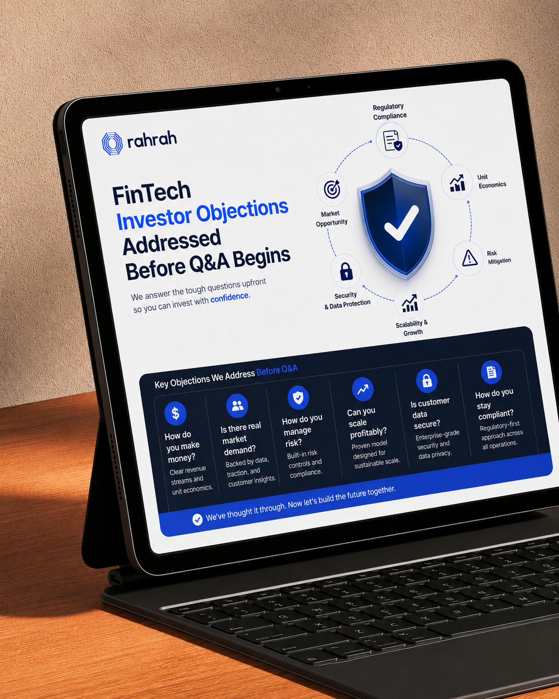 FinTech pitch deck slide addressing investor objections on compliance, risk and growth before Q&A