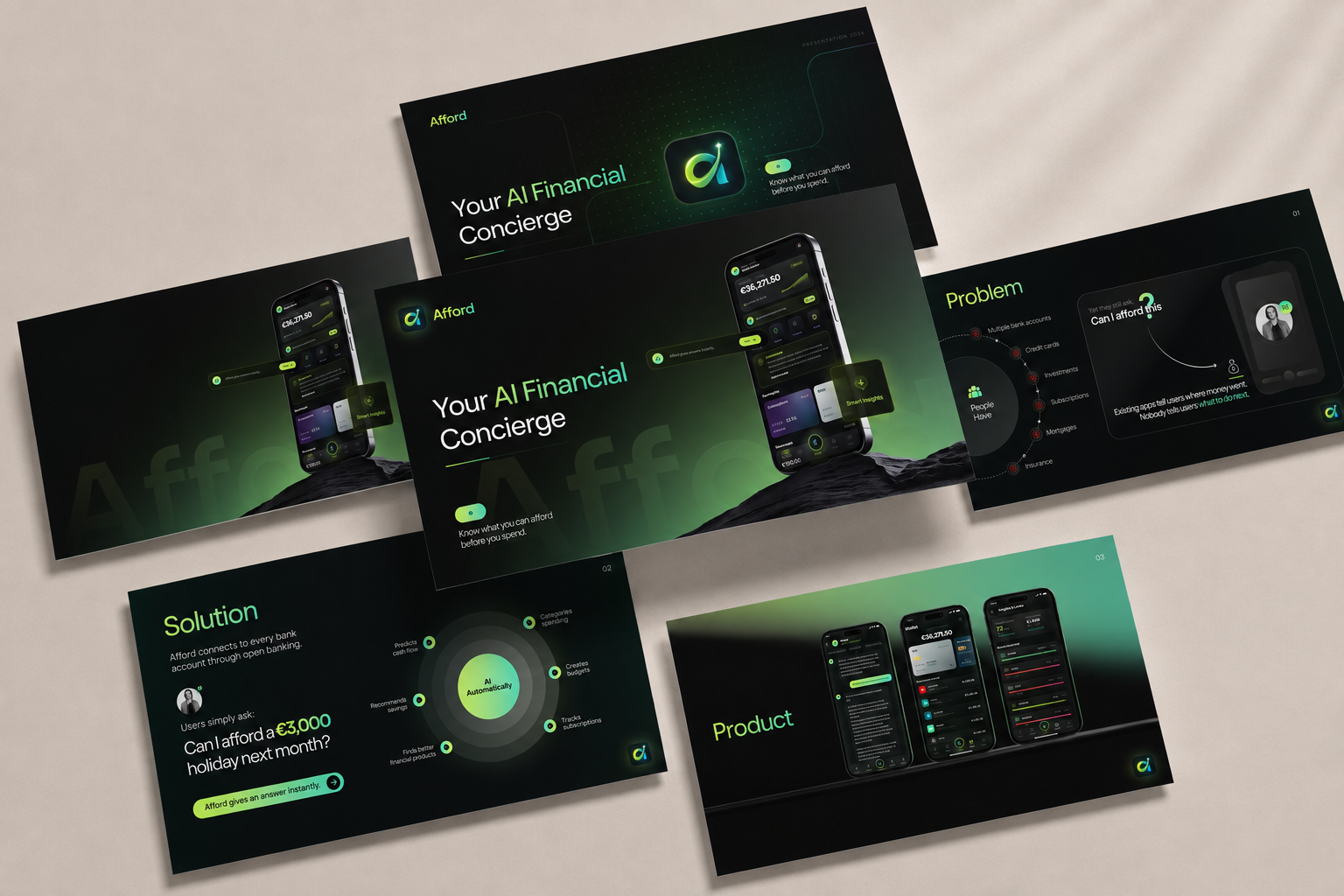 Wealthtech and robo-advisor pitch deck slides for an AI financial concierge budgeting app