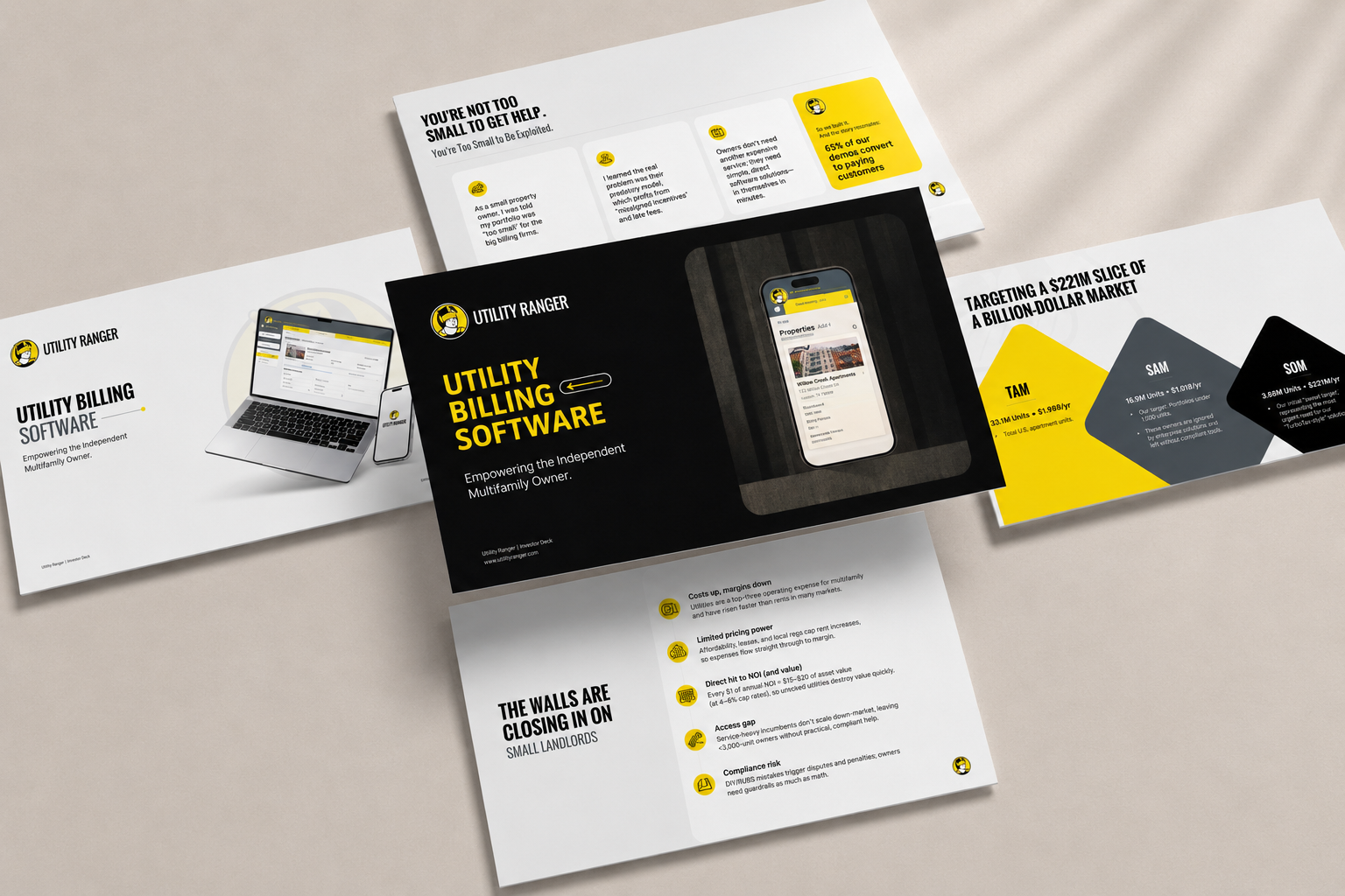 Payments processor pitch deck slides for utility billing software built for multifamily property owners
