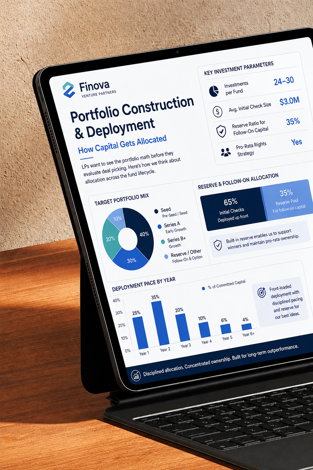 Tablet showing Finova Venture Partners Portfolio Construction and Deployment slide with allocation charts.