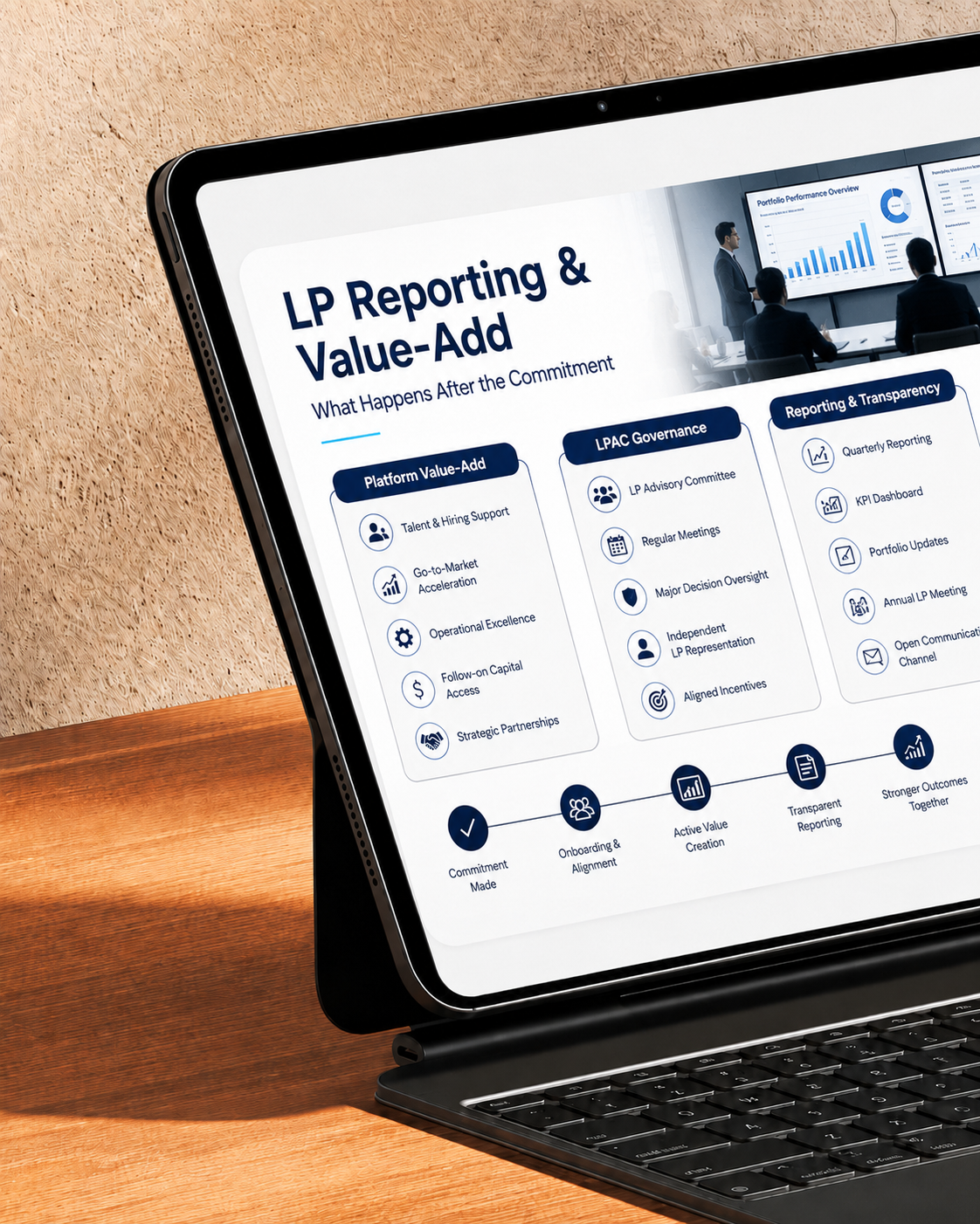 Tablet showing LP Reporting and Value-Add slide detailing platform support, LPAC governance, and transparency.