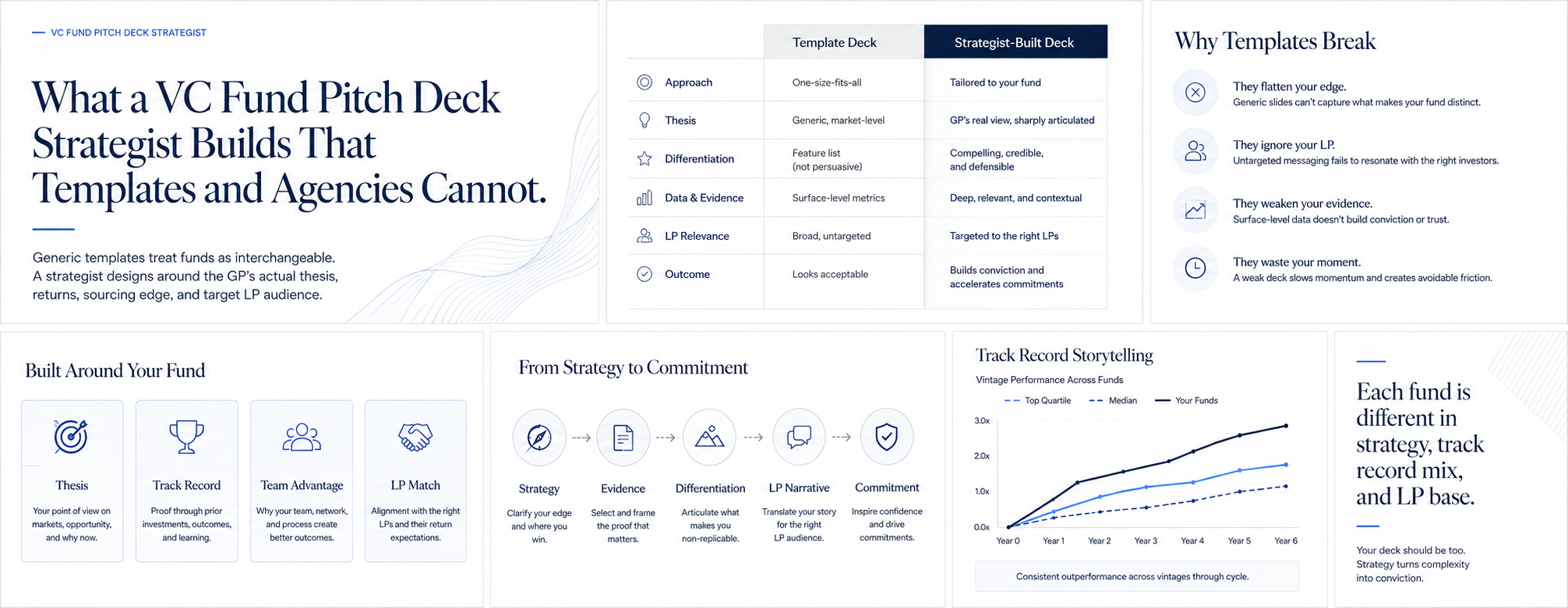 Collage: What a VC Fund Pitch Deck Strategist Builds That Templates and Agencies Cannot slides.