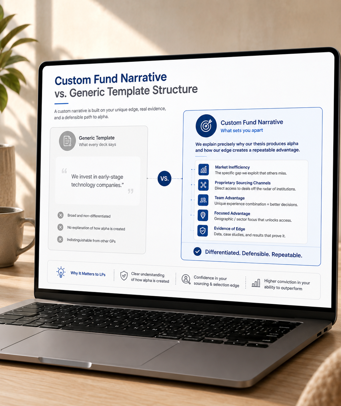 Laptop showing Custom Fund Narrative vs Generic Template Structure slide for a VC fund pitch deck design.