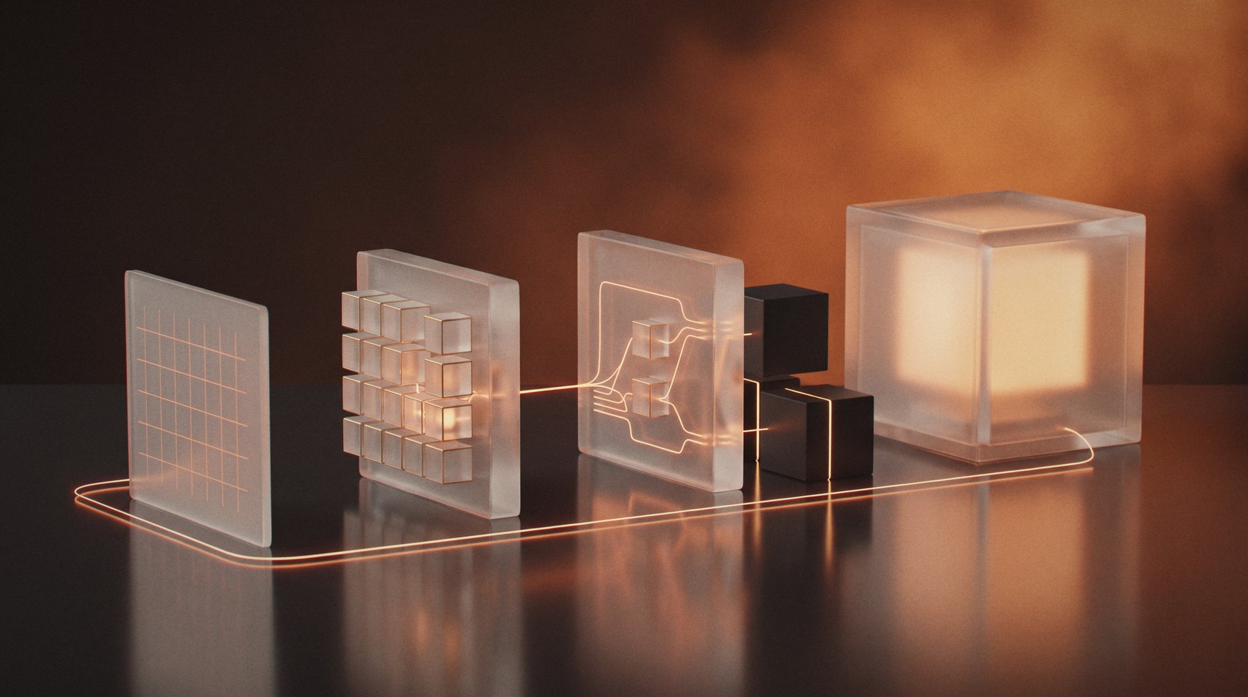 Four frosted glass blocks on a dark surface, from a flat plan to a finished glowing machine, joined by one orange light line