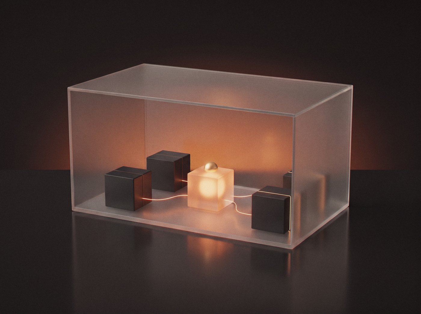 A frosted glass enclosure holding three dark system blocks connected by orange light lines to a glowing central cube, with nothing leaving the enclosure