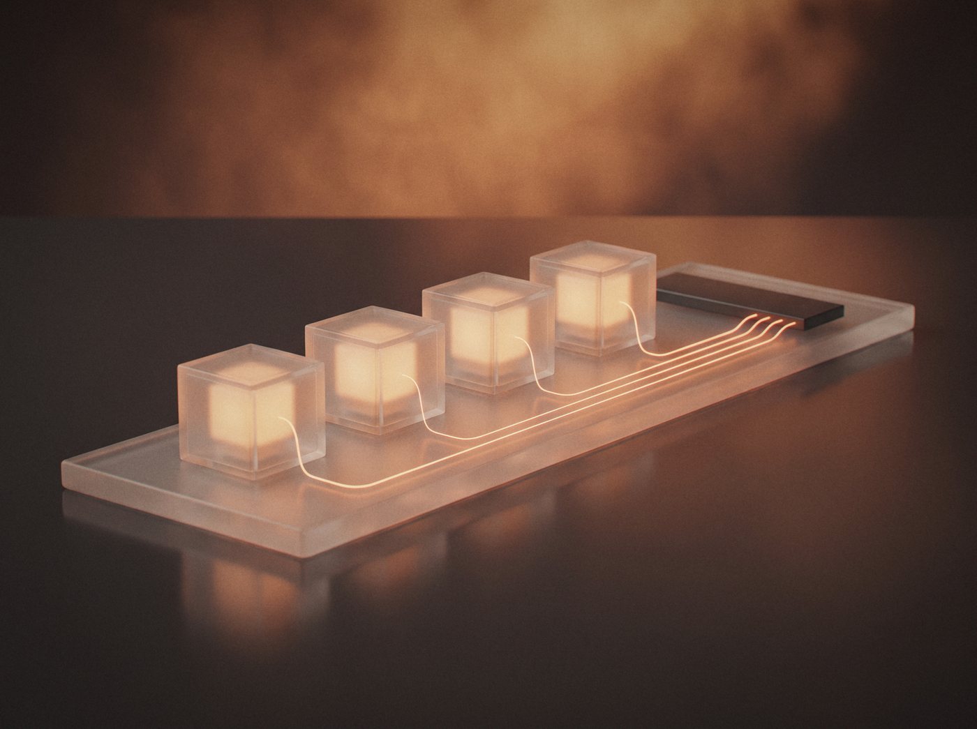 Four sealed frosted glass compartments on one glass base, each with its own glowing cube and its own separate light line running to a dark control slab