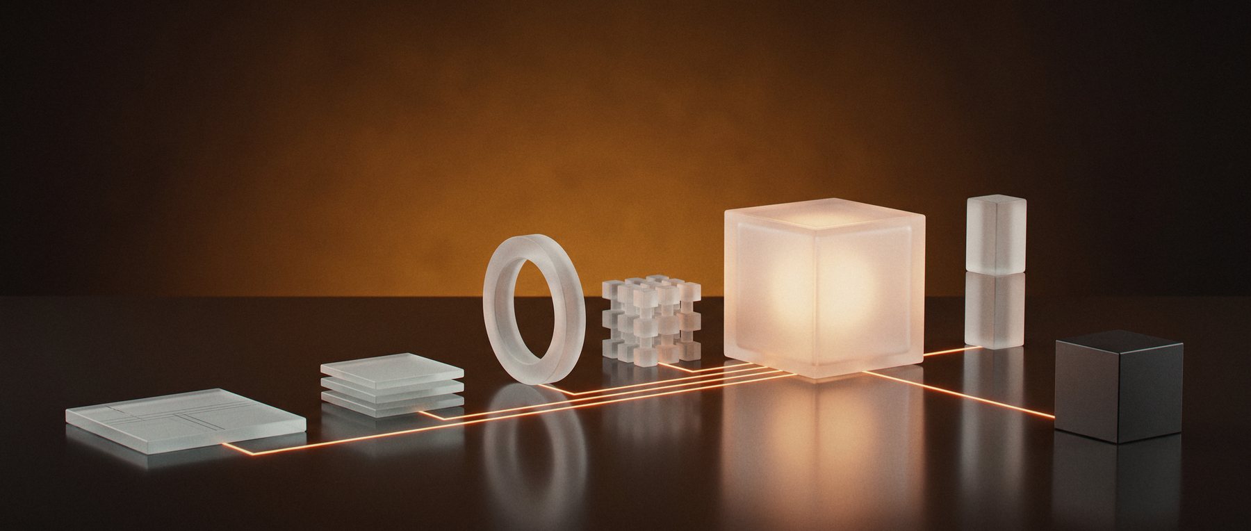 Six different frosted glass modules on a dark table, each joined by a thin orange light line to one glowing glass cube