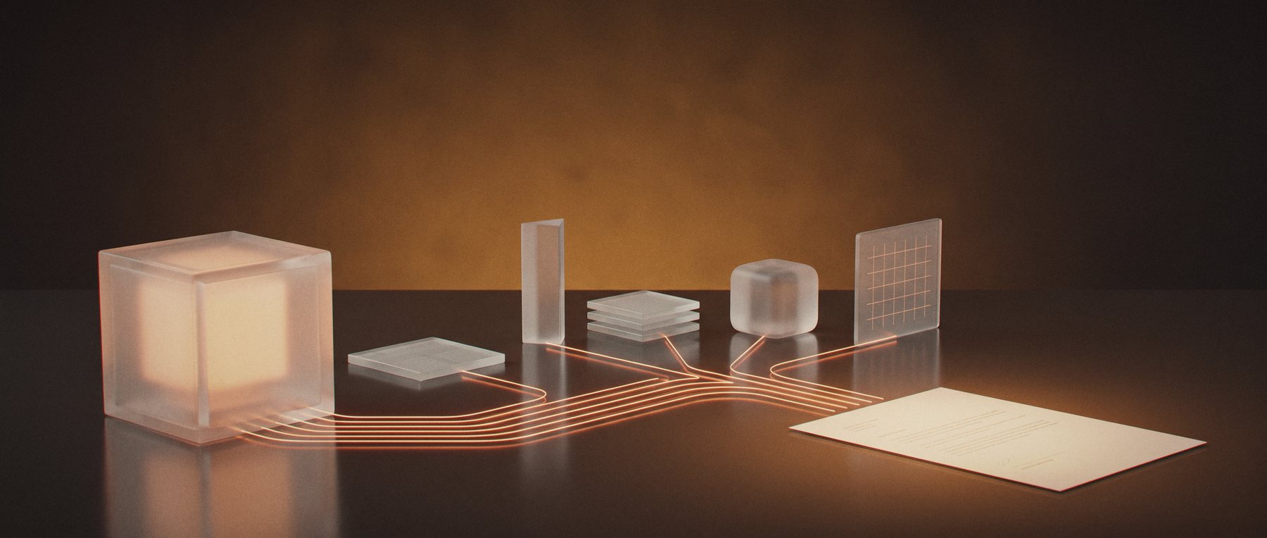 A large glowing frosted glass cube connected by thin orange light lines to five different glass modules, whose lines join and run to a single lit sheet of paper