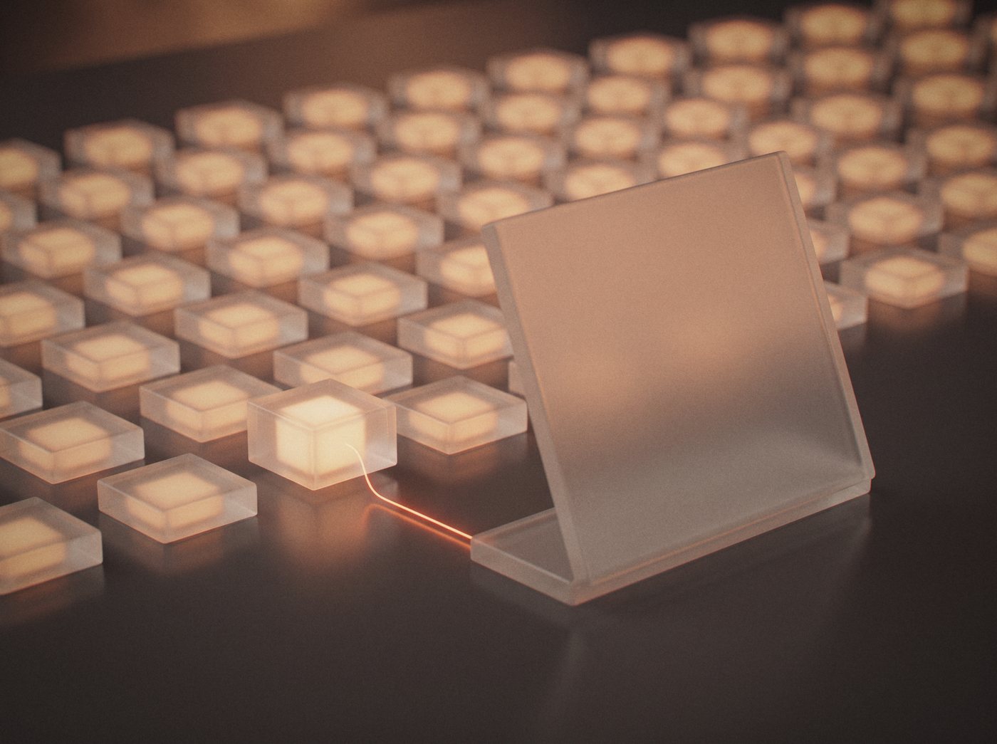 Rows of small lit glass tiles on a dark surface, one of them linked by a line of light to a larger panel