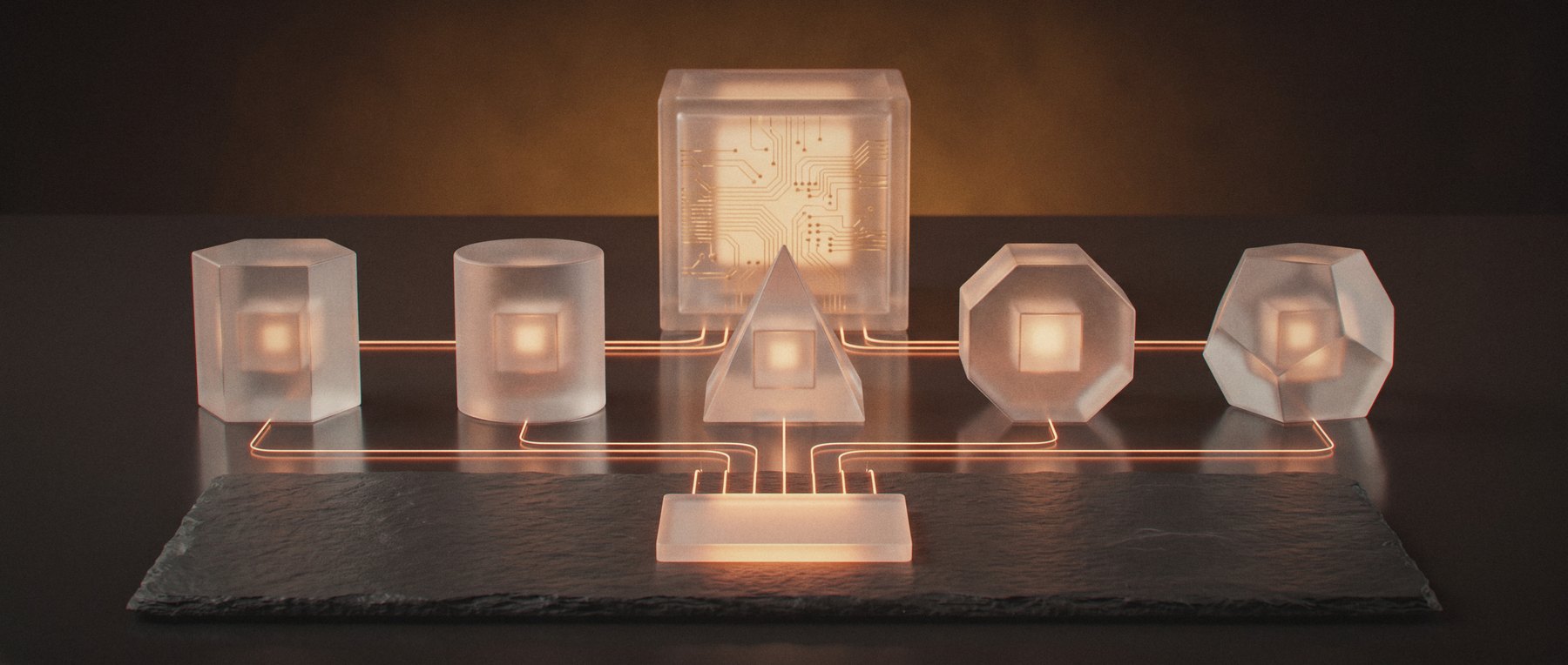 Five separate frosted glass cases, each holding its own glowing cube on its own orange light line, fed by one larger glass cube and routed through one glass badge on a slate base