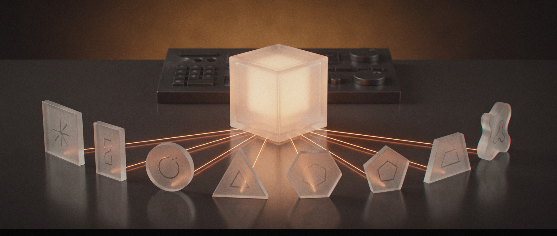 One glowing frosted glass cube on a dark table with thin orange light lines running to eight glass tiles, each etched with a different mark
