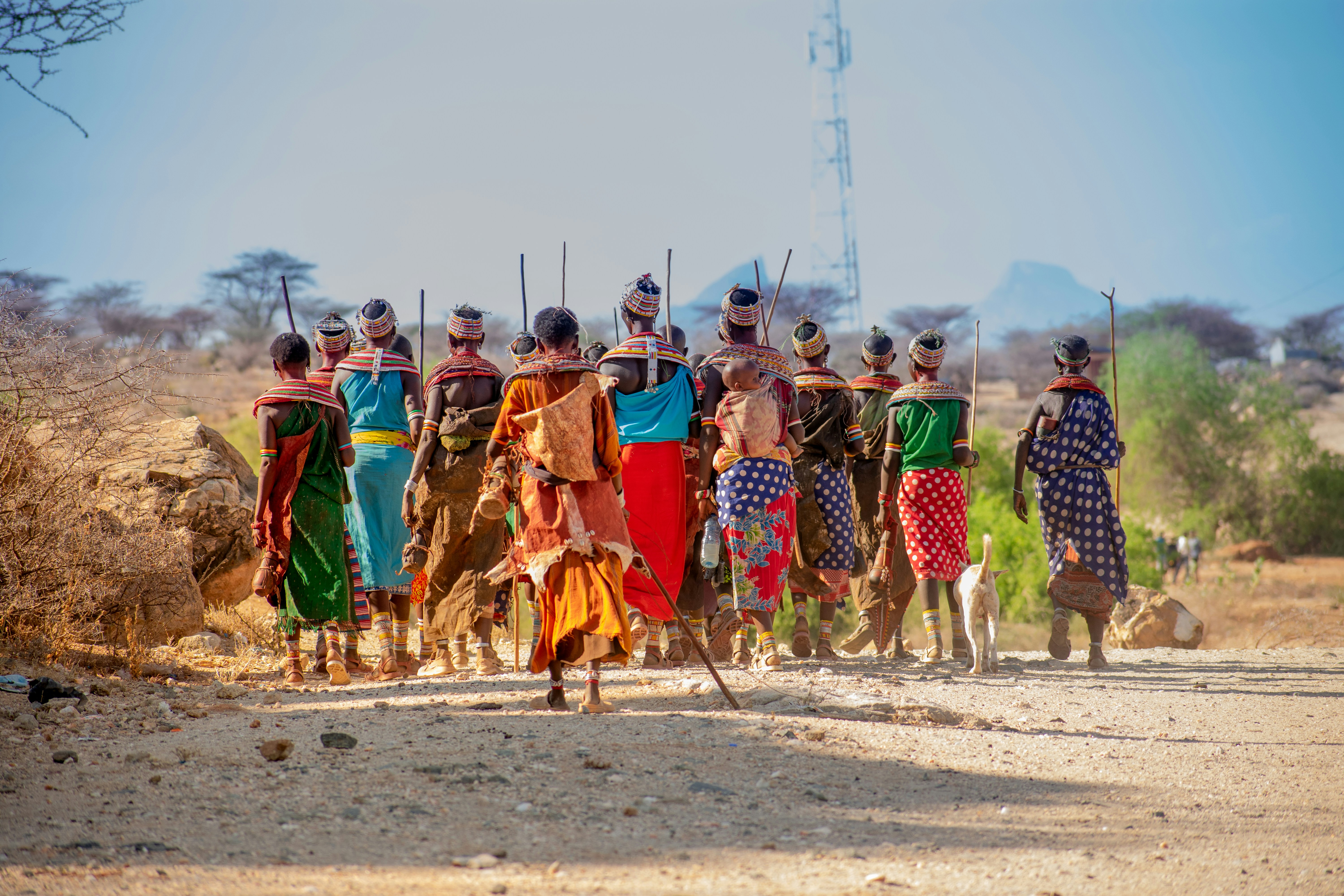 Group of people dressed in traditional colorful clothing, beads, and jewelry walking on a dirt path in a rural landscape, with one person carrying a child on their back and a white dog walking alongside.
