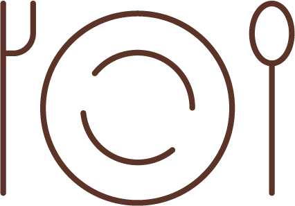 Simple brown line art of a fork, a plate, and a spoon arranged in a dining setup.