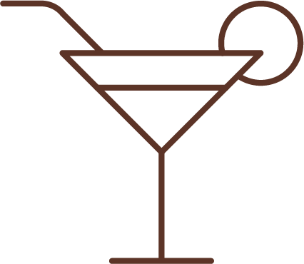 Line drawing of a cocktail glass with a straw and a round garnish on the rim.