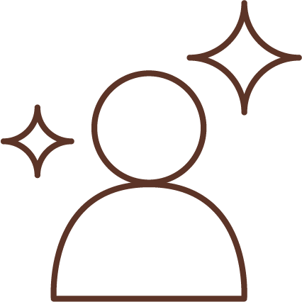 Simple outline of a person with two sparkle icons, representing expertise or excellence.