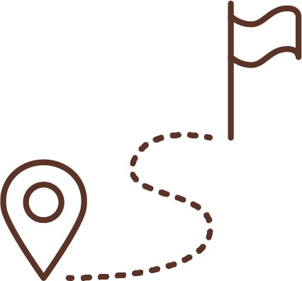 A brown location pin icon connected by a dashed path to a flag icon, symbolizing a journey or route.