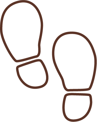 Simple brown outline of two shoe prints positioned as if walking, with heels at the bottom and toes at the top.