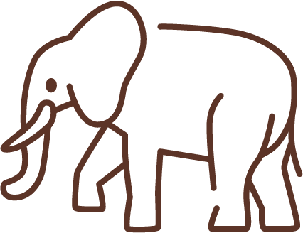Simple brown line drawing of an elephant facing left with visible tusks and tail.