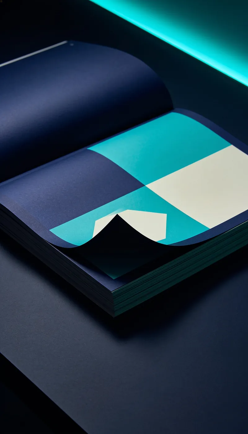 Open brand guidelines book showing colour swatches