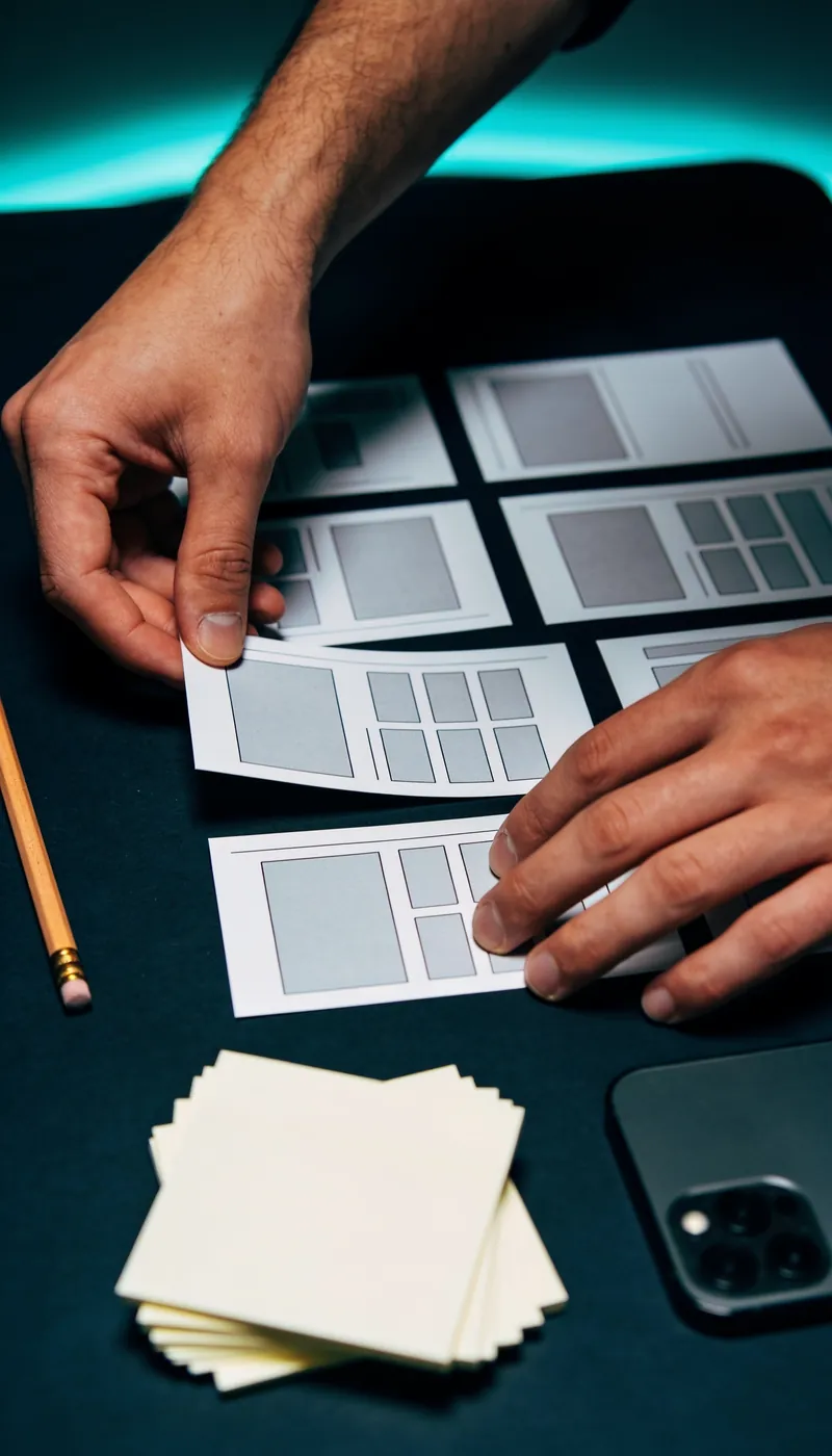 Designer arranging paper wireframe cards for a website layout