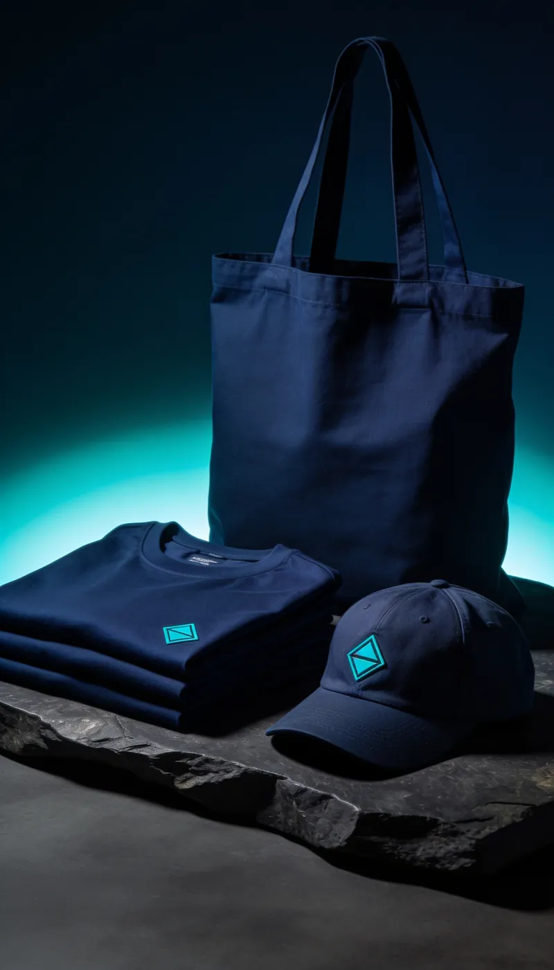 Folded navy t-shirts, a tote bag and a cap with teal emblems