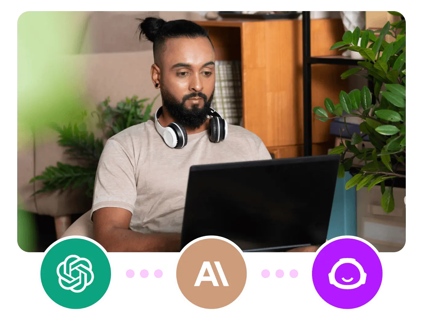 Man working on a laptop with OpenAI, Claude and Make AI icons