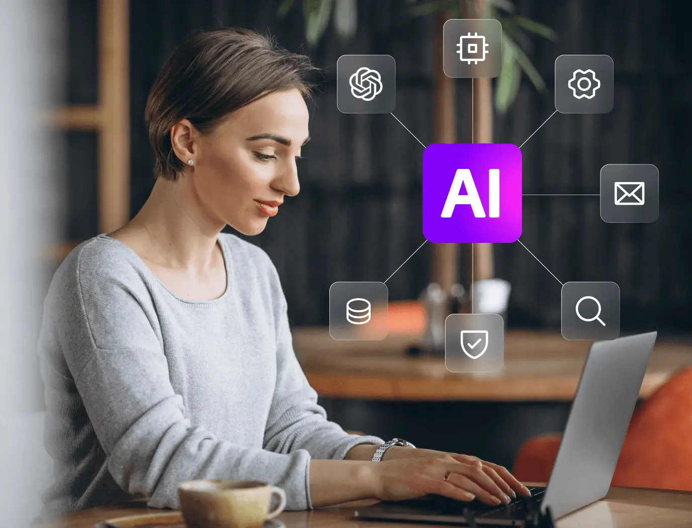 Woman at a laptop with an AI hub connecting her tools